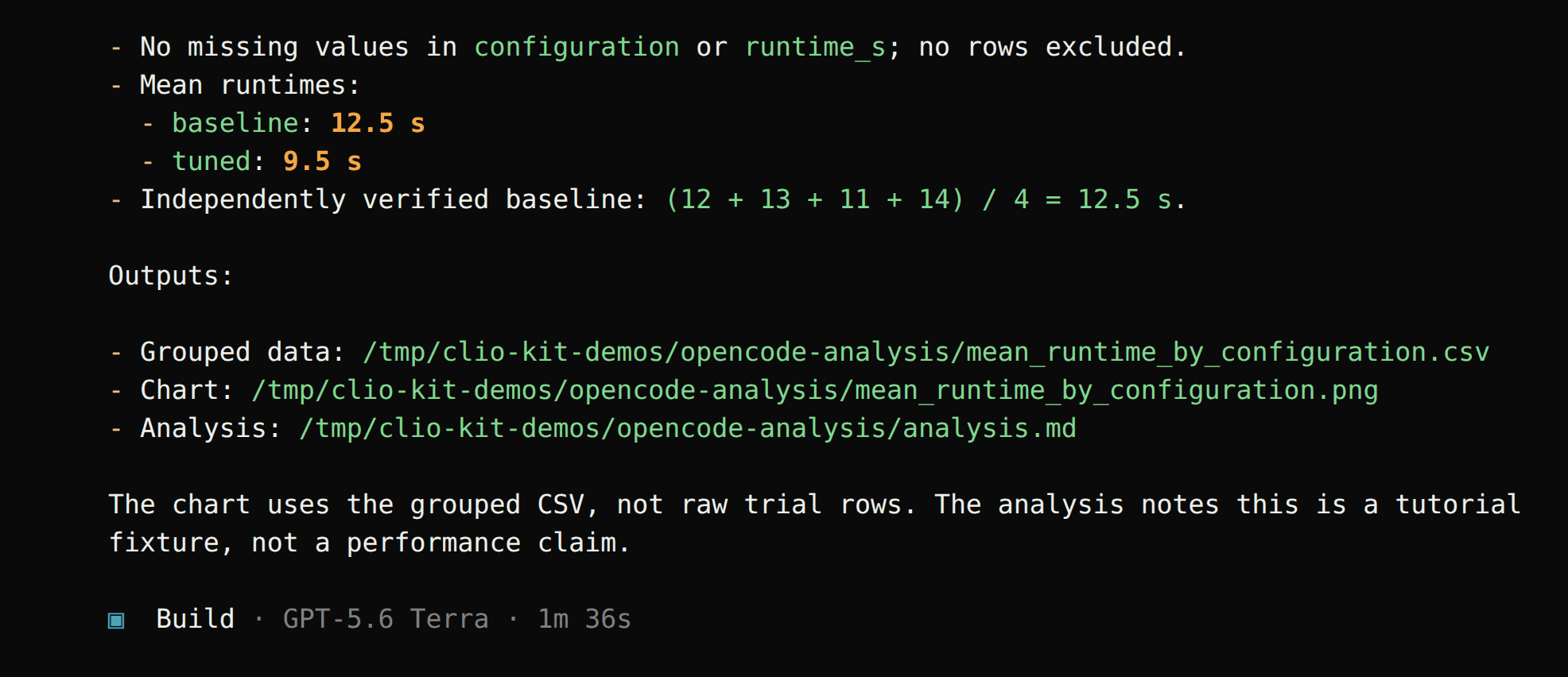 OpenCode reports the two means, an independent check and the output paths