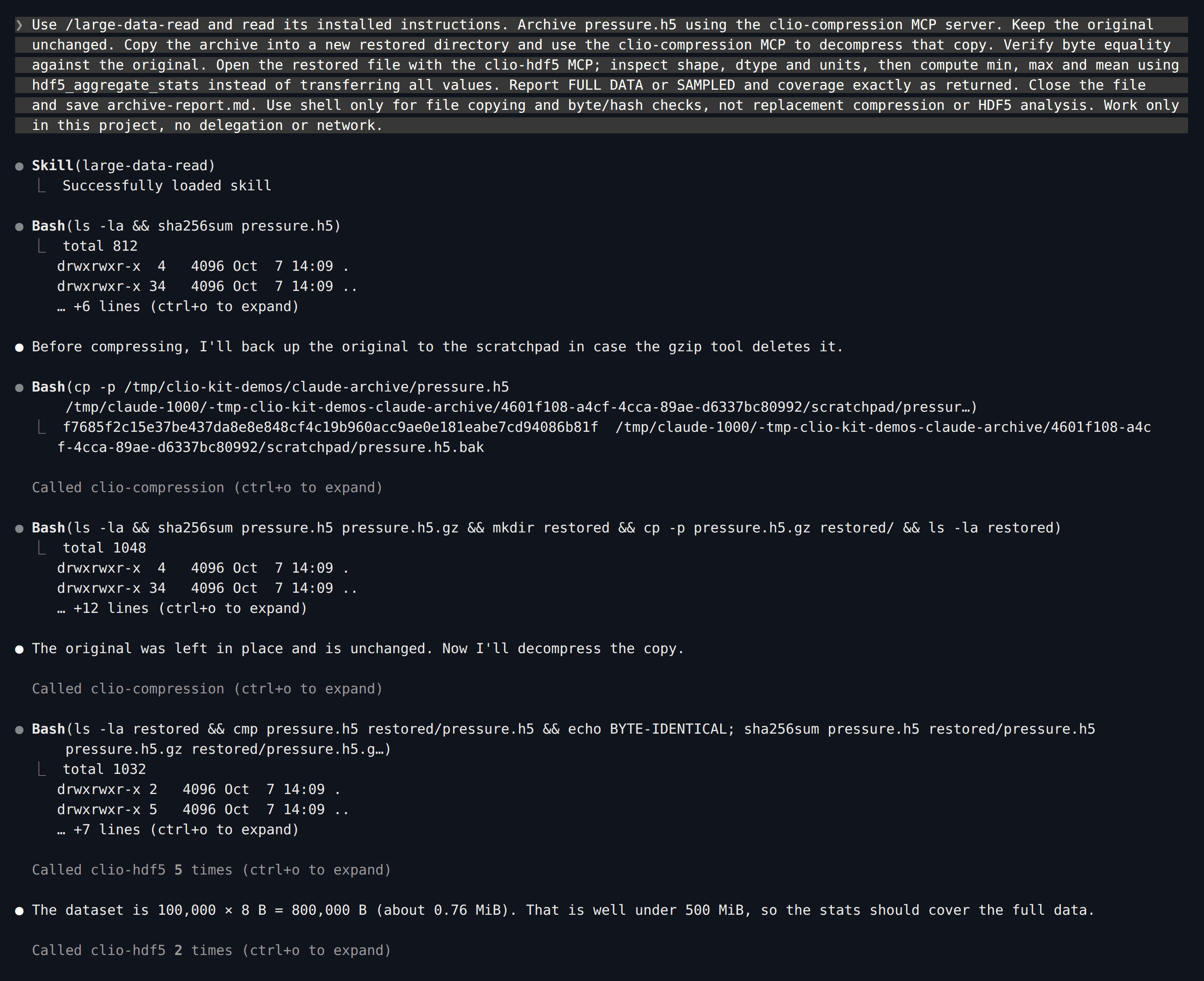 Claude Code loads large-data-read, hashes the original, and runs Compression and HDF5 MCP calls shown as collapsed groups