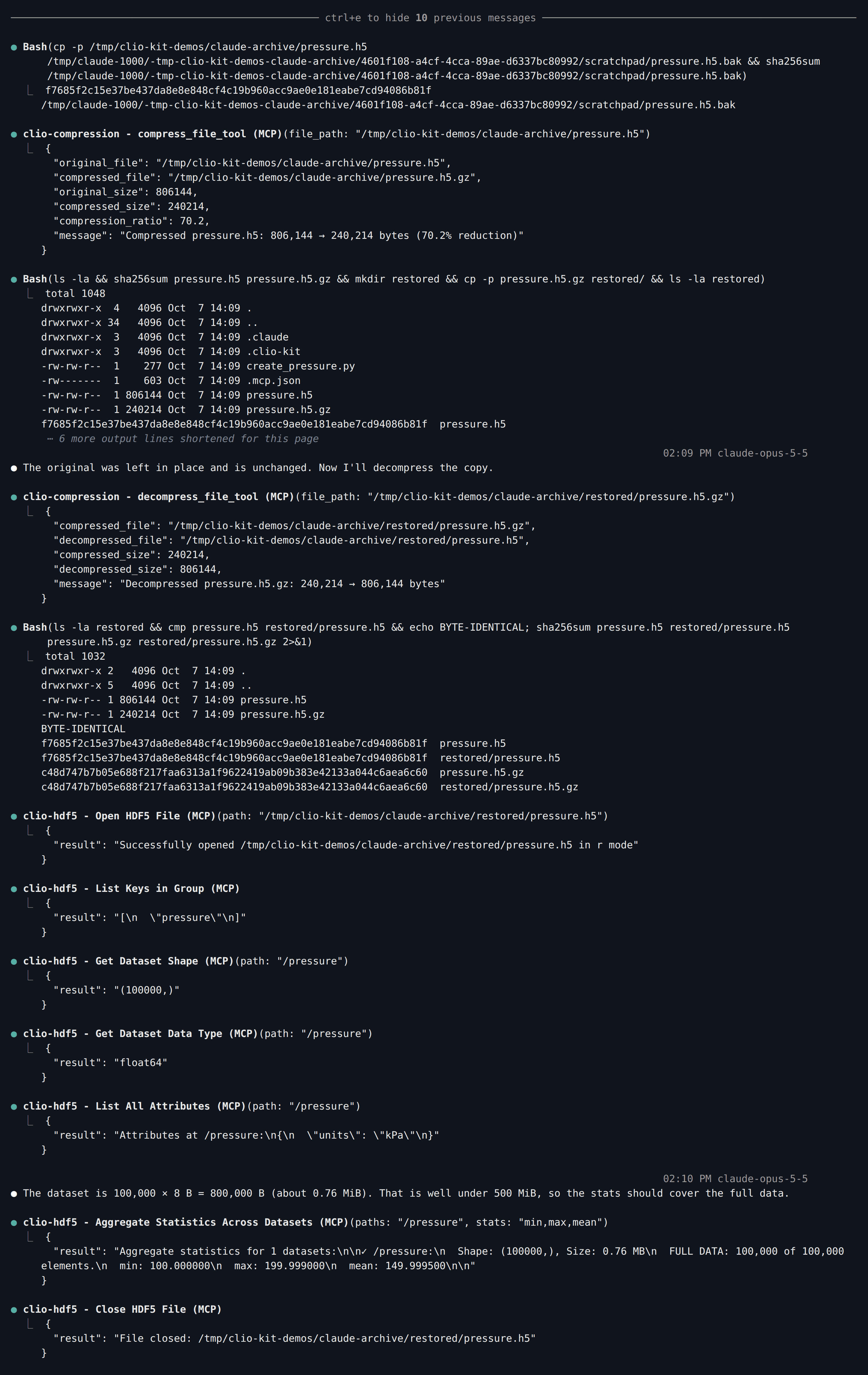 Claude Code transcript with compress_file_tool, decompress_file_tool, a byte comparison, HDF5 shape and dtype checks, and the aggregate statistics call