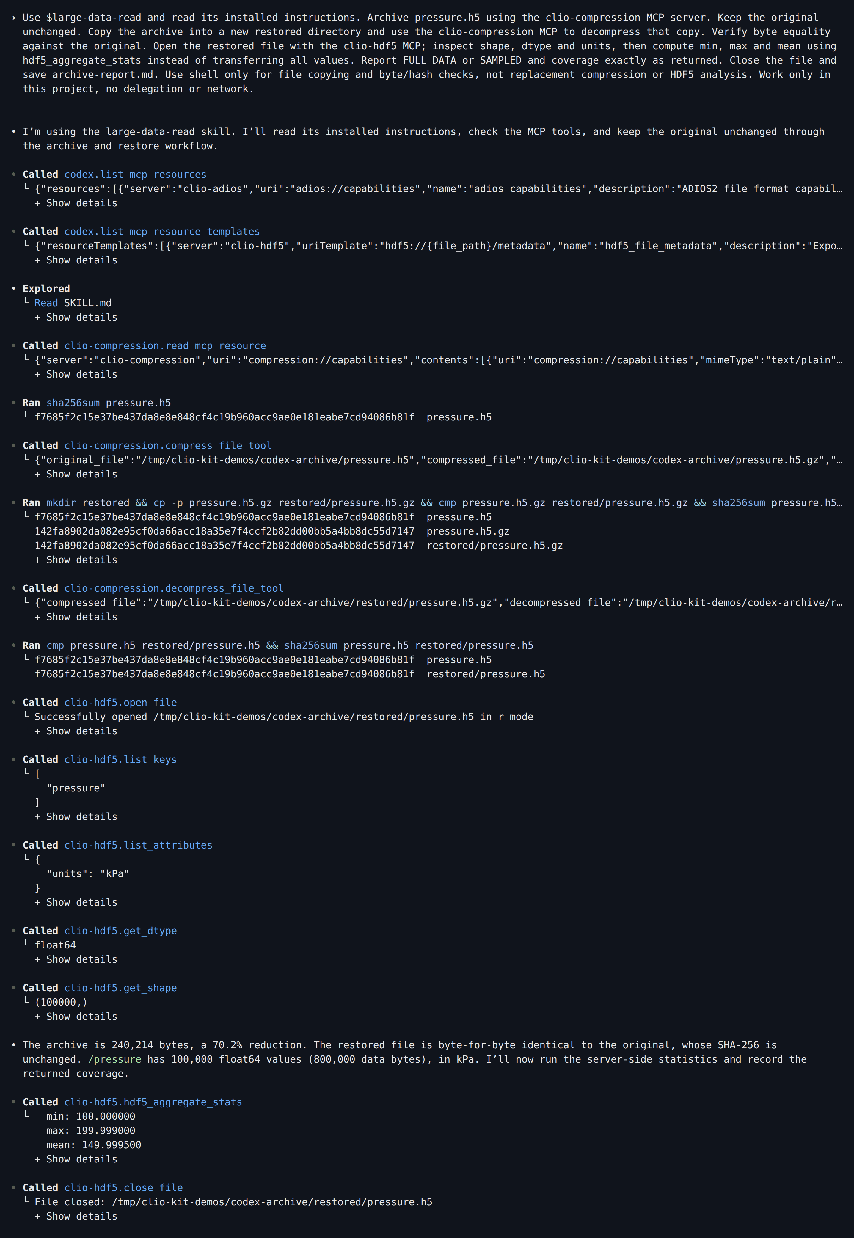 Codex calls compress_file_tool and decompress_file_tool, checks byte equality with cmp, then opens the restored file and calls hdf5_aggregate_stats