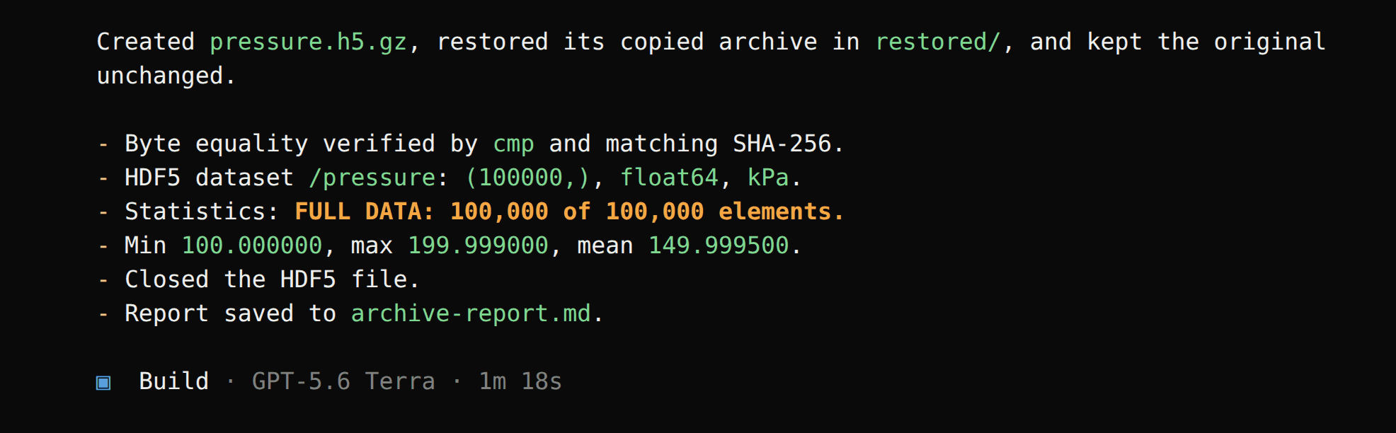 OpenCode reports the restored file is identical and gives full-data statistics