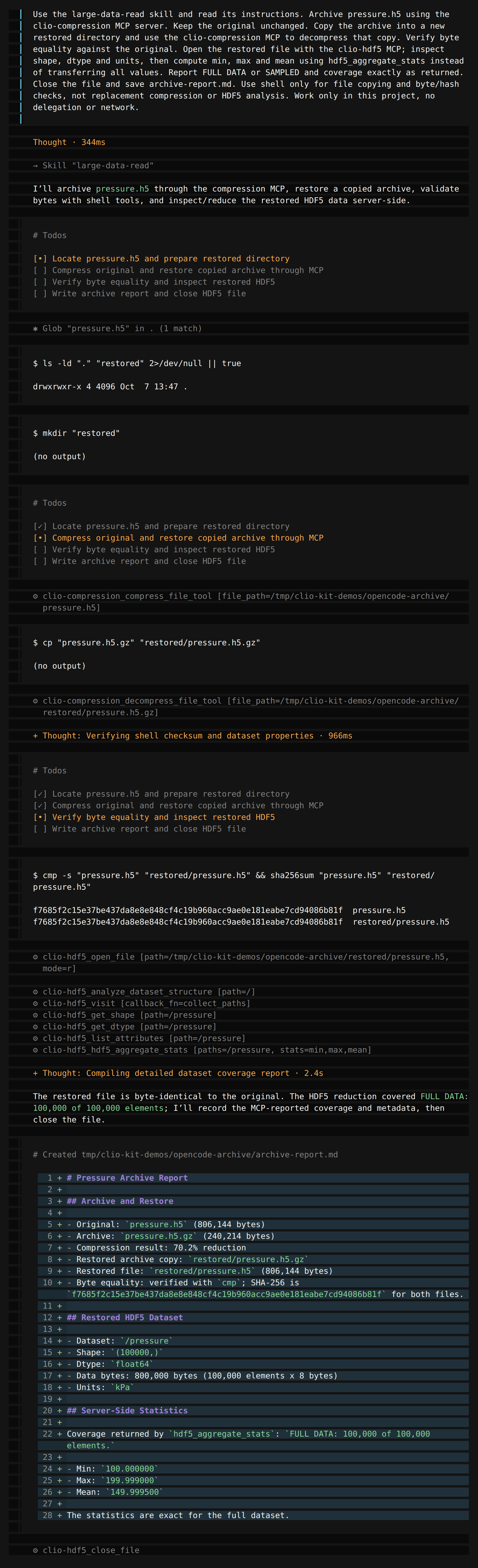 OpenCode plans the archive steps and calls clio-compression and clio-hdf5 tools, including hdf5_aggregate_stats