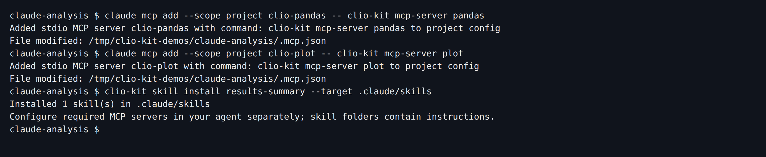 Real terminal installation of the Pandas and Plot MCPs and the results-summary skill for Claude Code