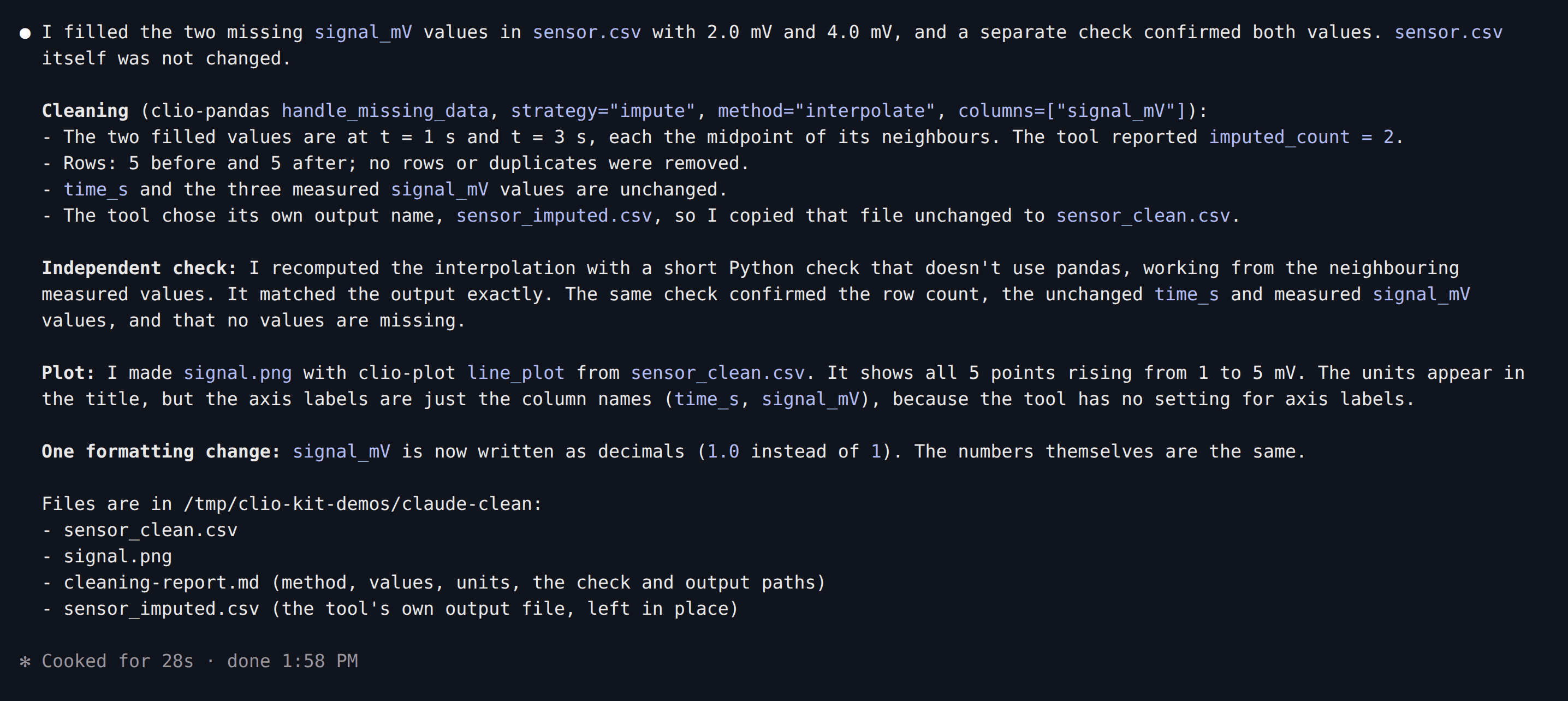 Claude Code reports the two interpolated values, unchanged timestamps and the saved plot and report