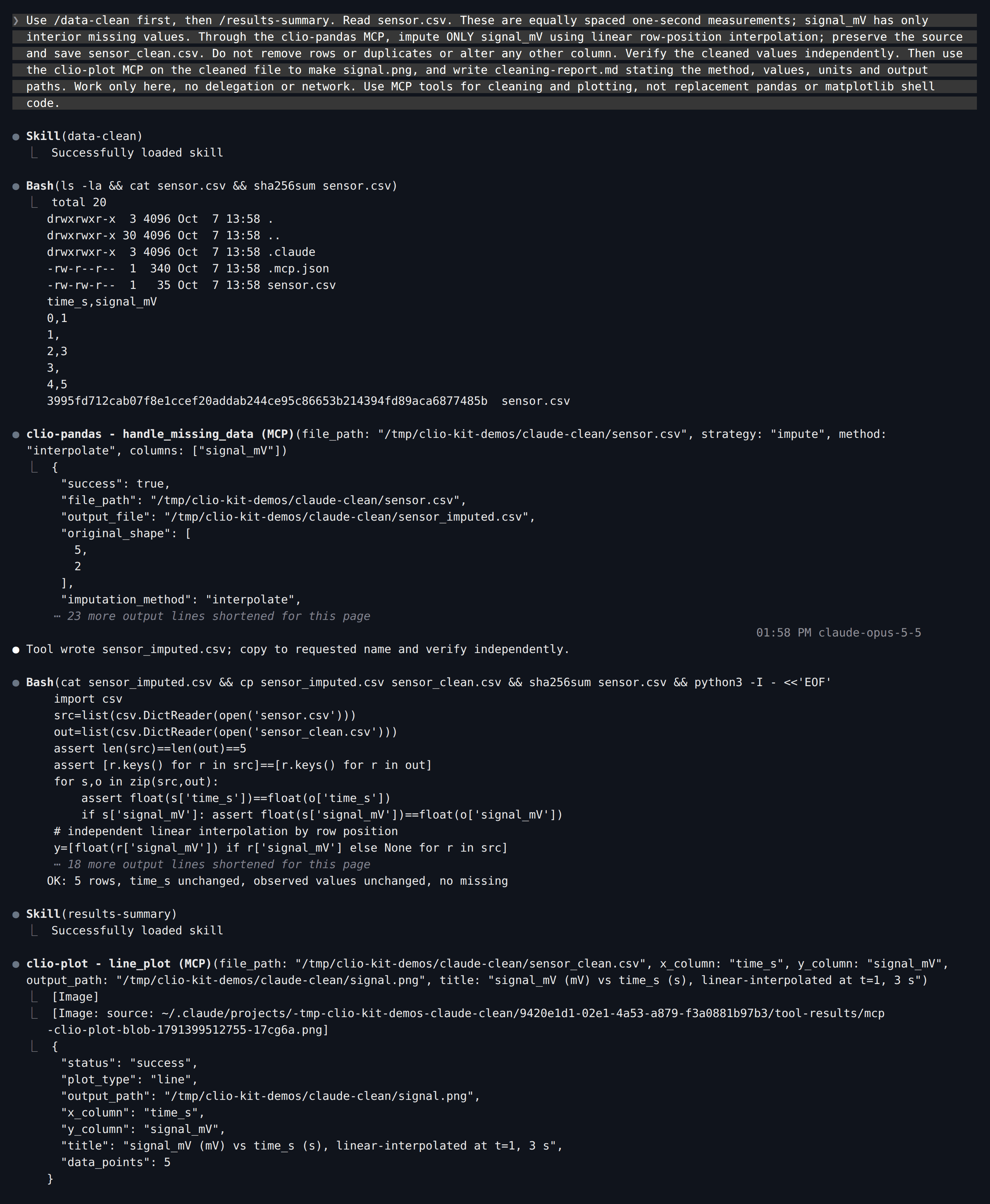 Claude Code transcript: data-clean loads, handle_missing_data imputes signal_mV, results-summary loads and line_plot draws the cleaned file