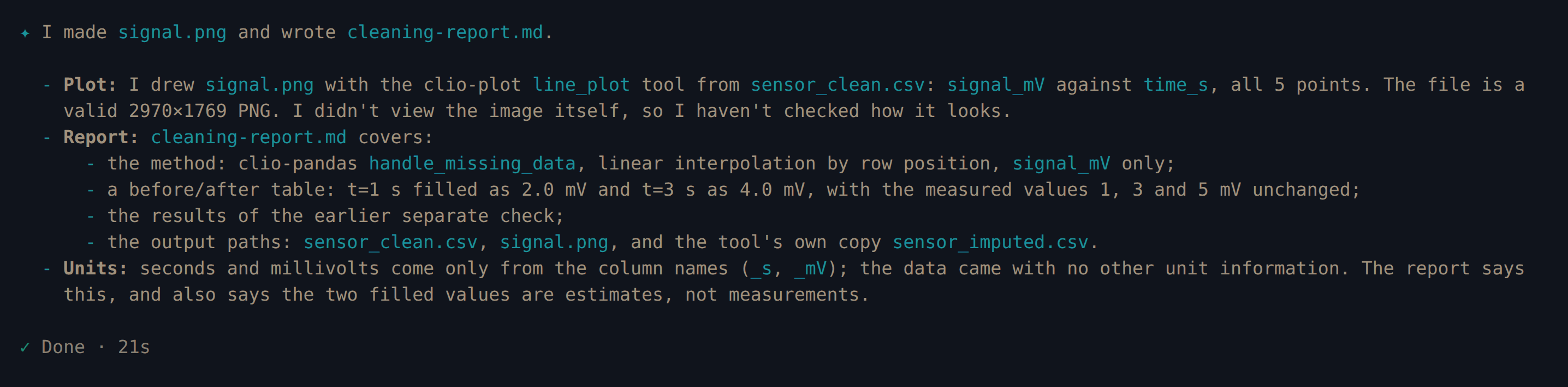 Clio Coder reports the interpolated values and saved outputs
