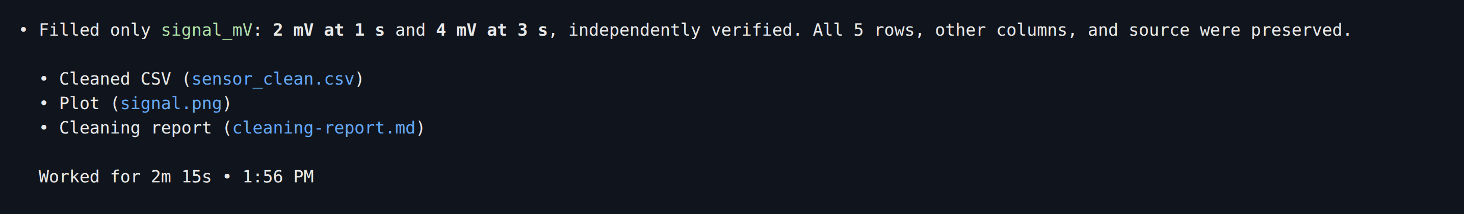 Codex reports the filled values 2 and 4 mV and the output files
