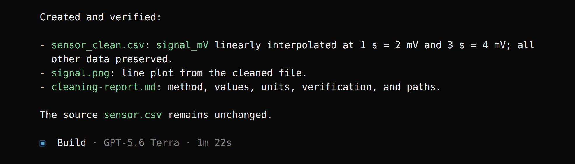 OpenCode reports the cleaned values and the saved plot and report