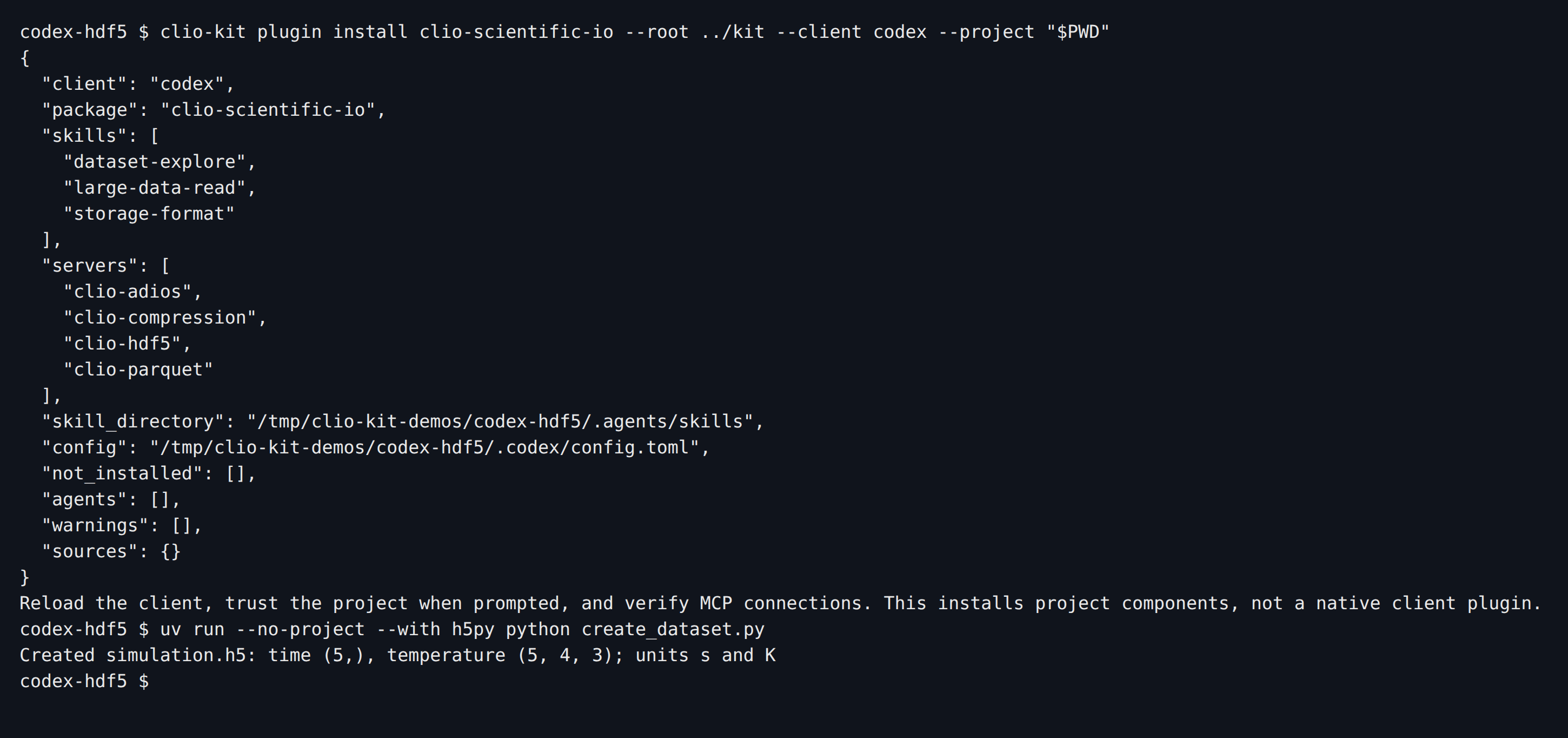 Actual Codex component installation lists its three skills and four MCP servers