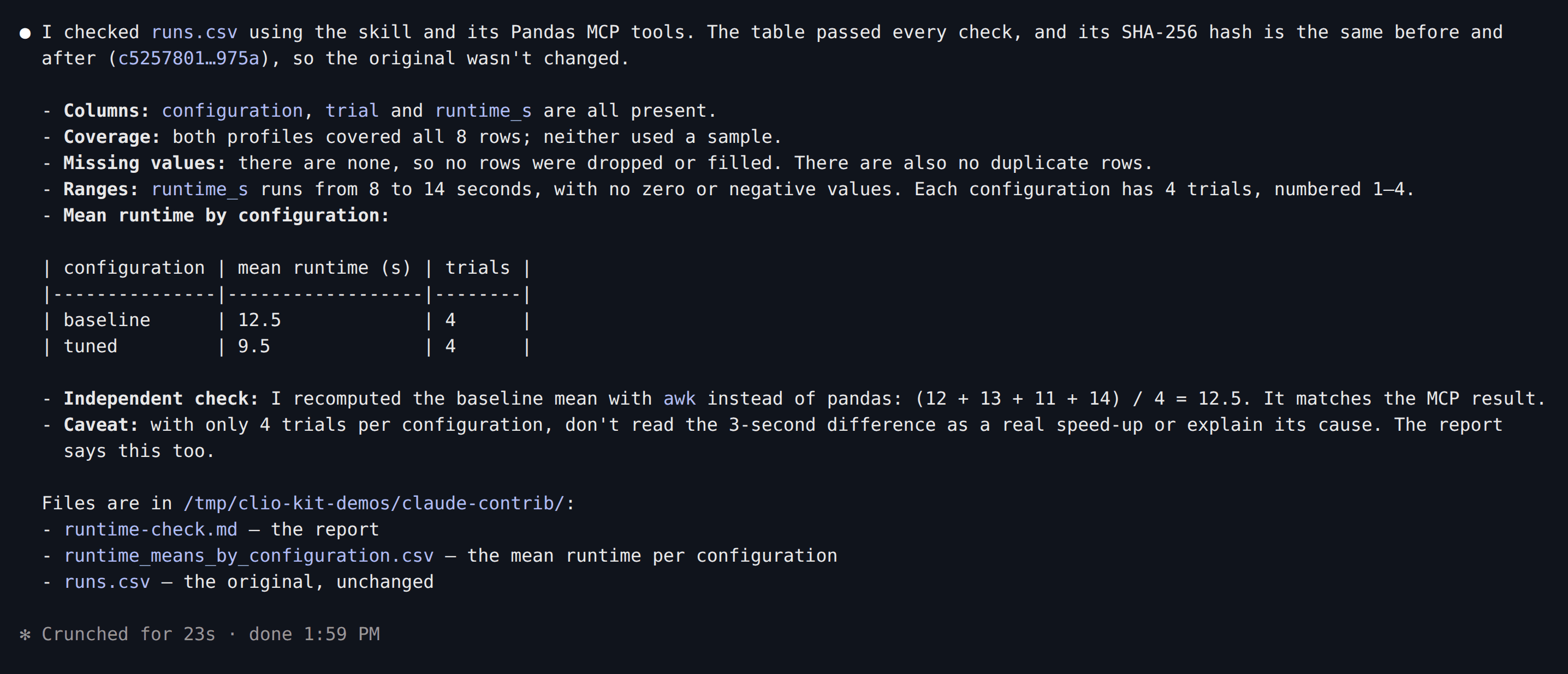 Claude Code reports full coverage, no missing values, means of 12.5 and 9.5 seconds, an unchanged input hash and the output paths