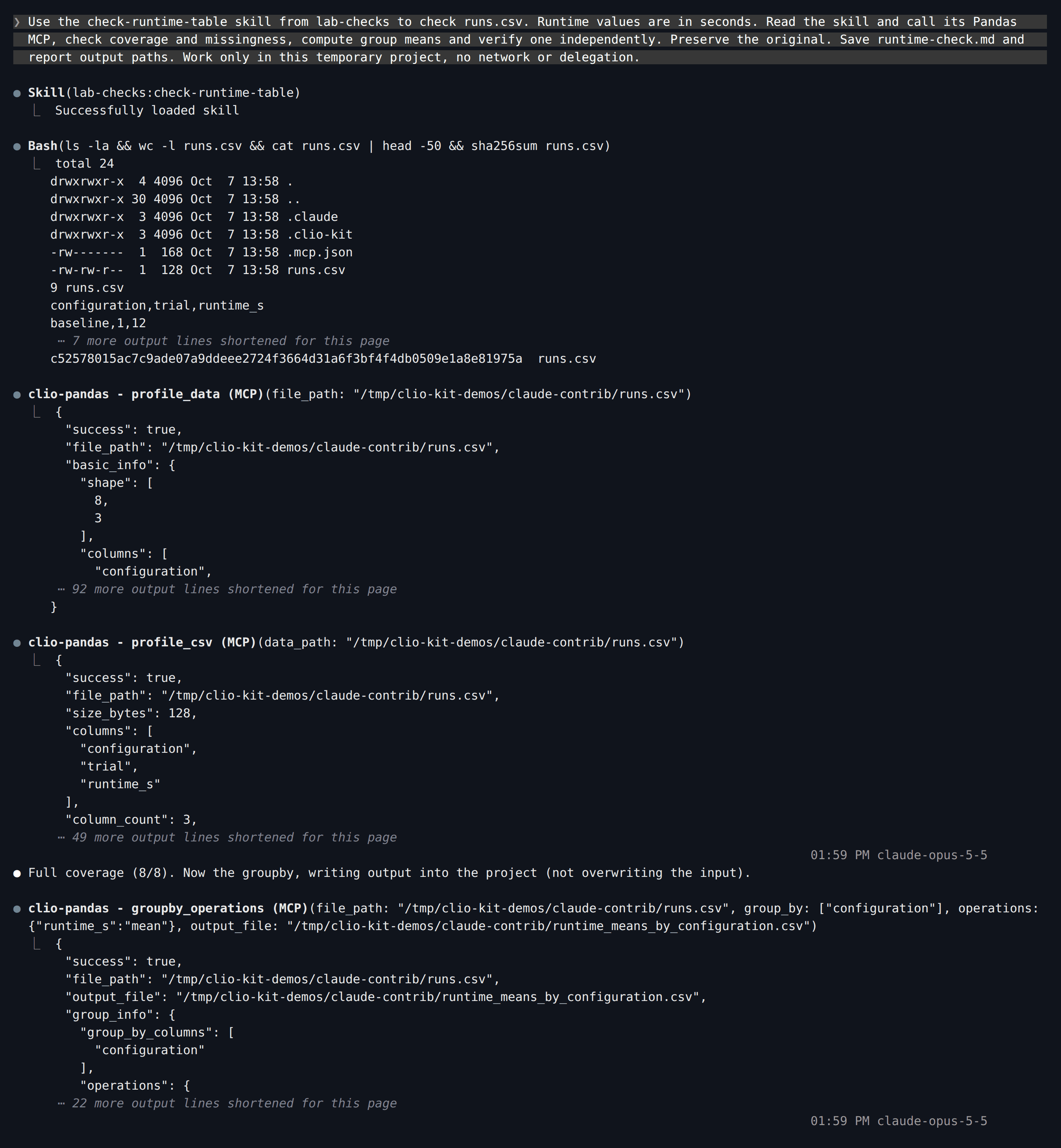 Claude Code loads lab-checks, hashes runs.csv, and calls the plugin's clio-pandas profile and groupby_operations tools