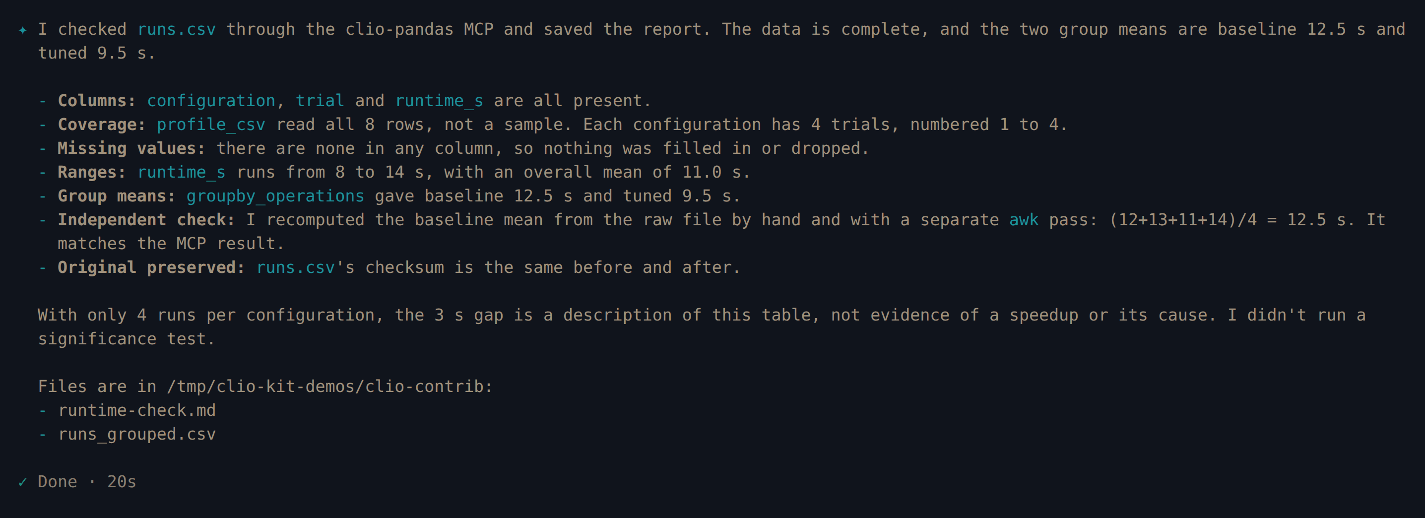 Clio Coder reports complete data and the two group means