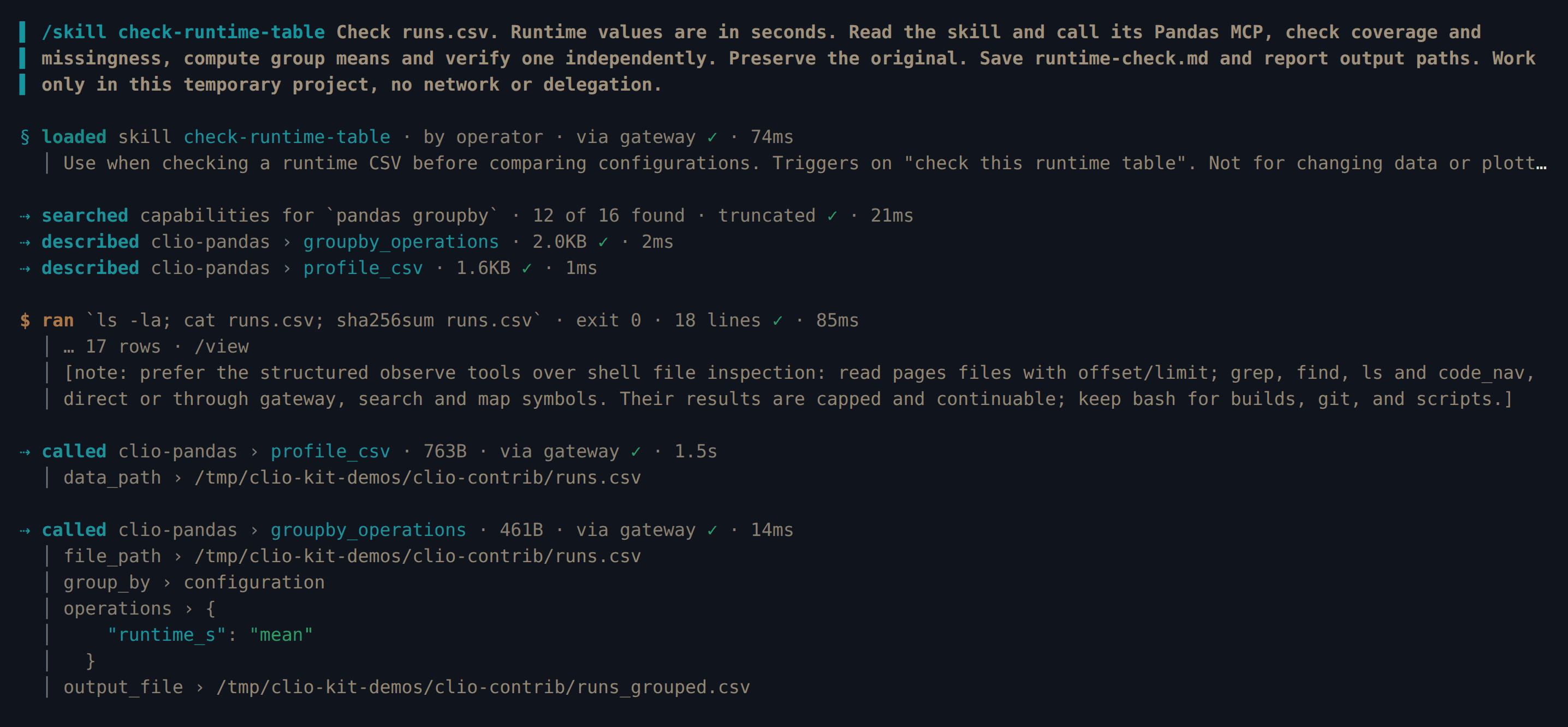 Clio Coder loads check-runtime-table and calls clio-pandas profile_csv and groupby_operations through its gateway