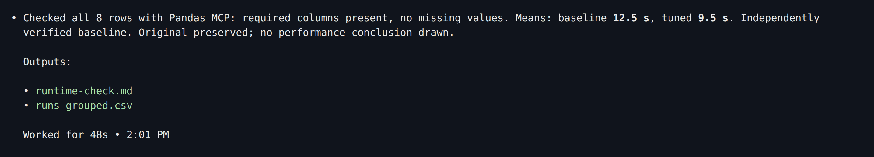 Codex reports the same means and the saved report and grouped CSV