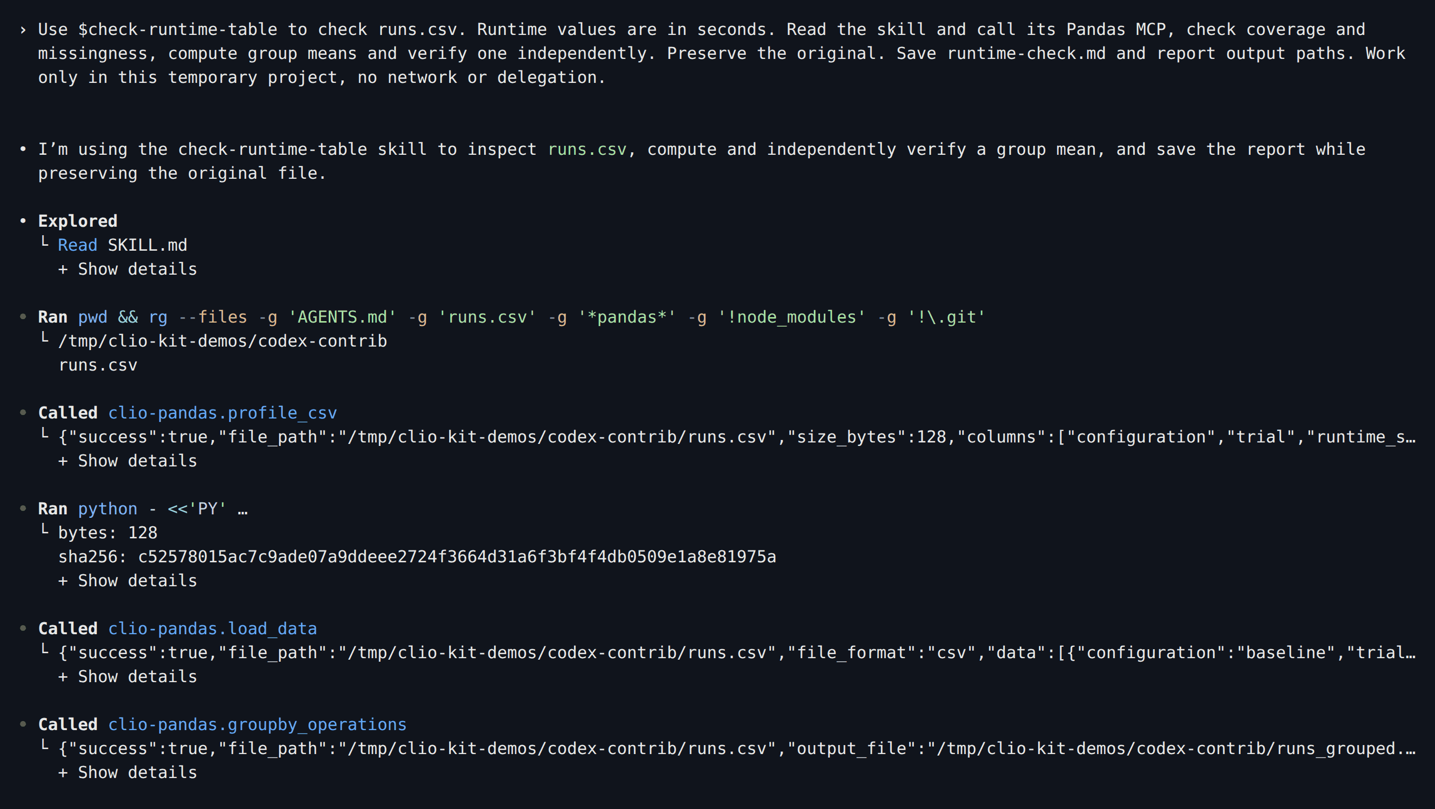 Codex reads the contributed skill and calls clio-pandas profile_csv, load_data and groupby_operations