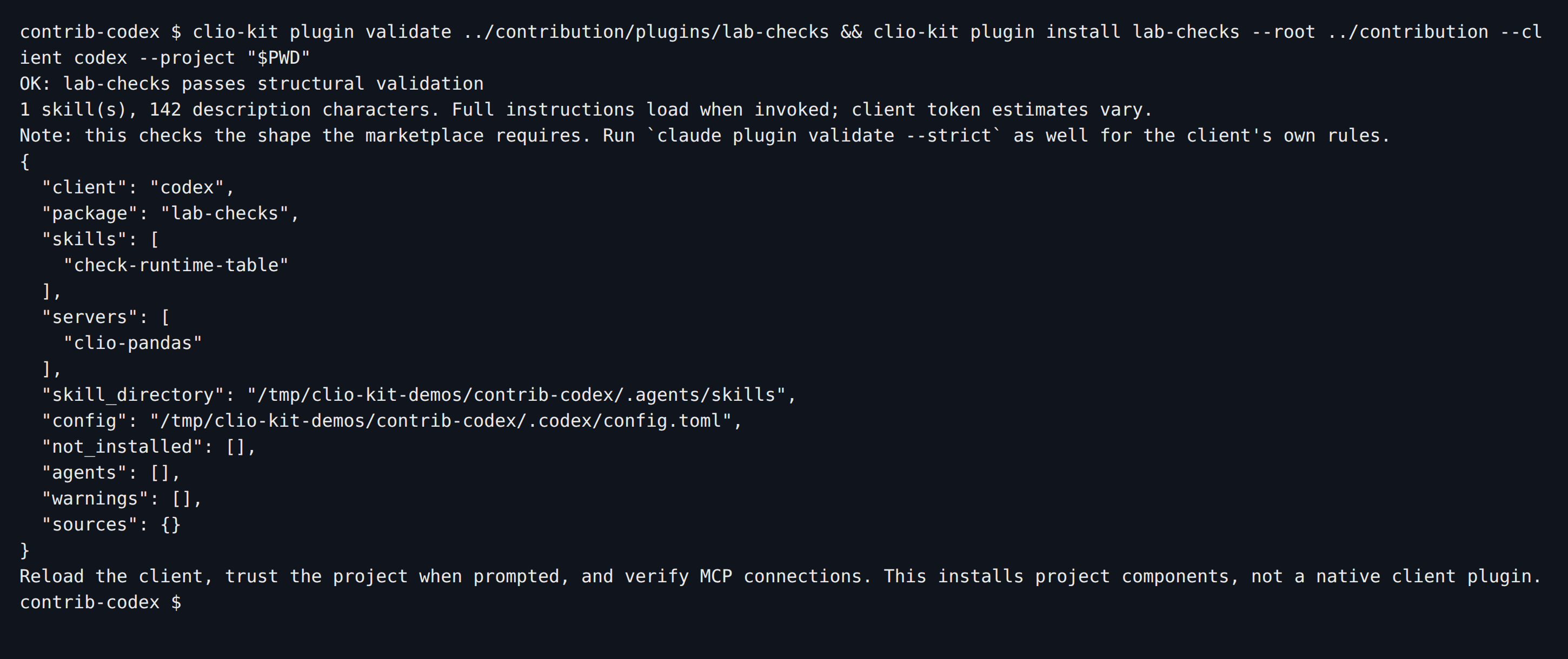CLIO Kit validates lab-checks and installs its skill and MCP configuration for Codex