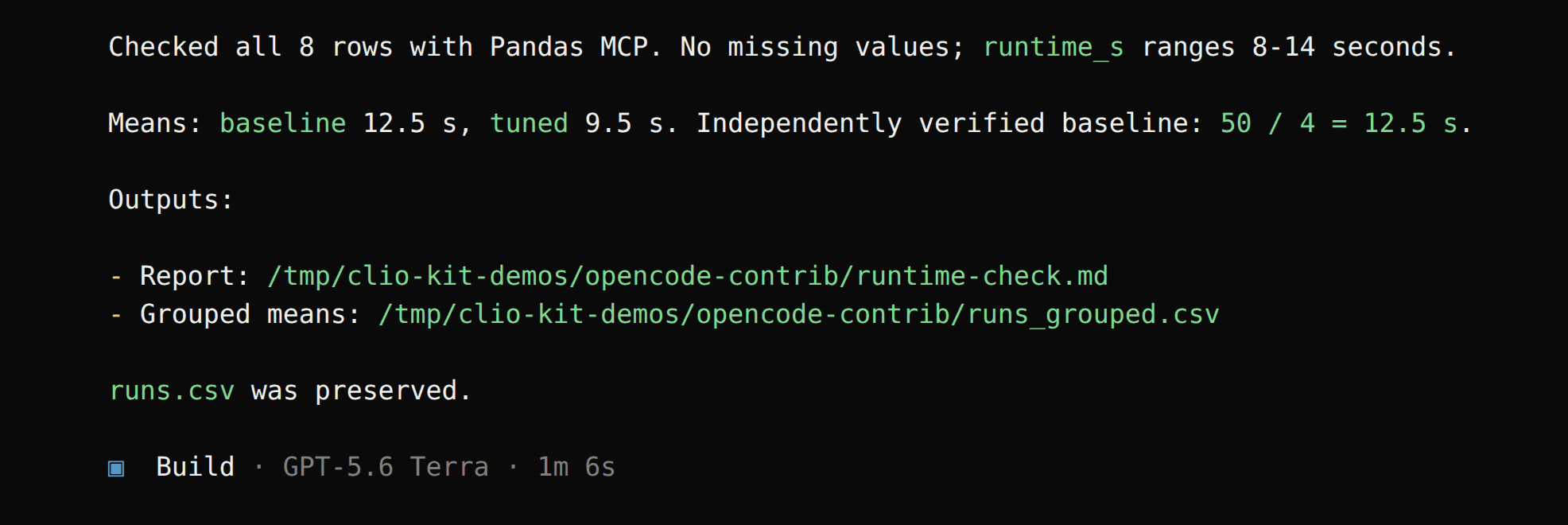 OpenCode reports all 8 rows checked, no missing values and the two means