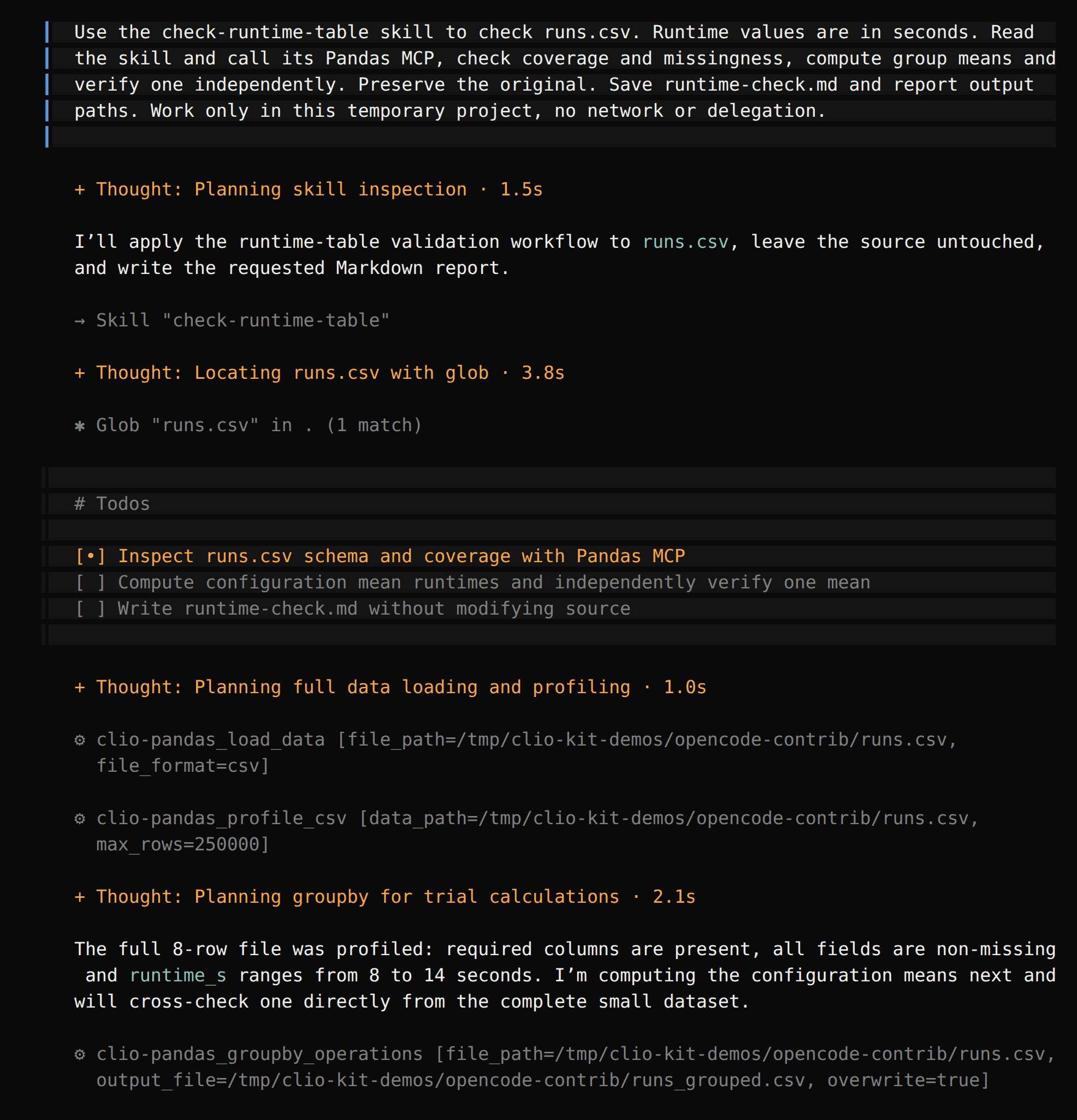 OpenCode loads check-runtime-table and calls clio-pandas load_data, profile_csv and groupby_operations