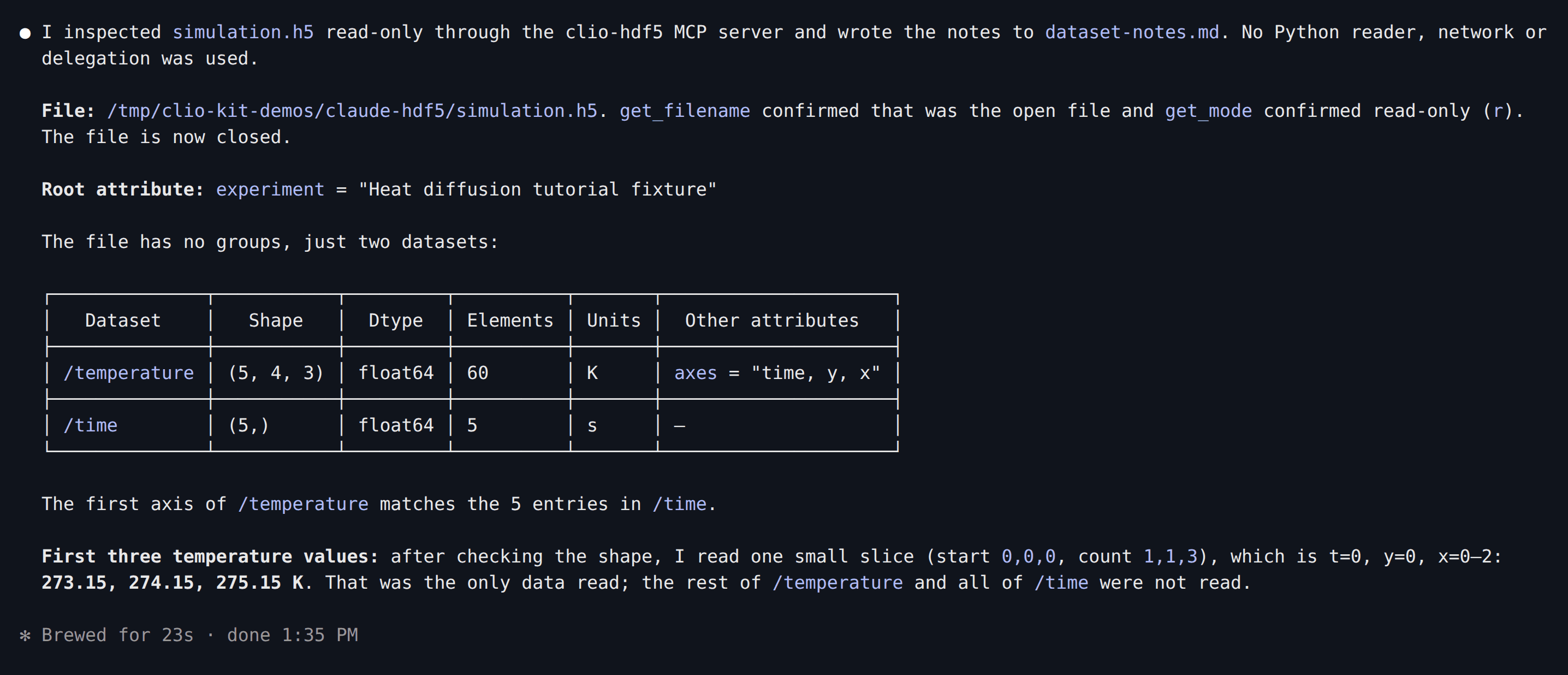 Claude Code reports both datasets with shapes, dtypes and units, and the three temperatures 273.15, 274.15 and 275.15 K