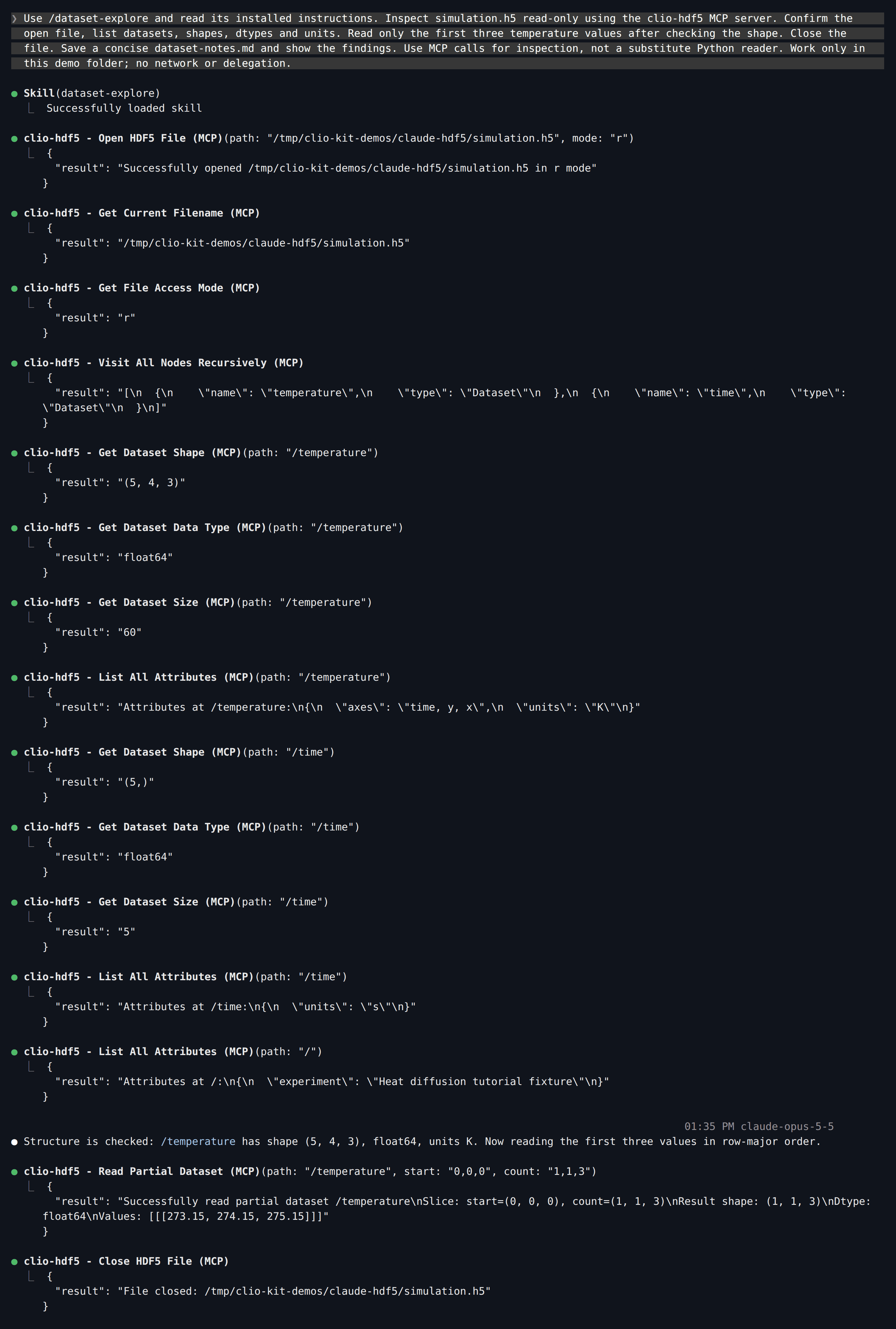 Claude Code transcript: the dataset-explore skill loads, then clio-hdf5 MCP calls open the file, check shapes, dtypes and attributes, read a 1×1×3 slice and close the file