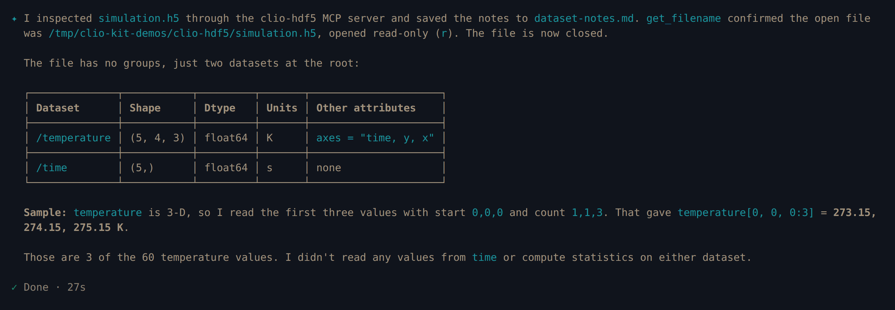 Clio Coder reports the two datasets, their units and the first three temperatures