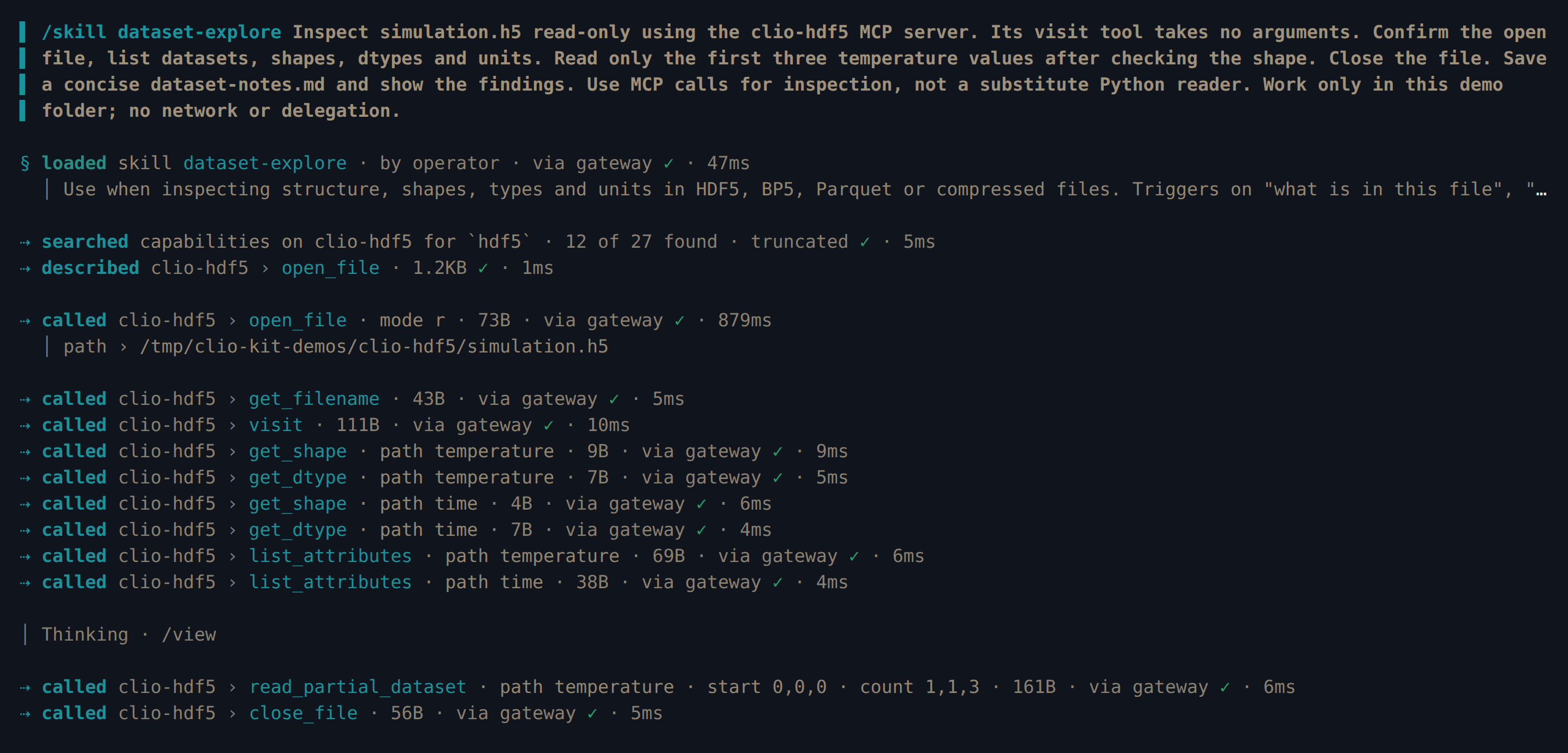 Clio Coder loads dataset-explore, searches the clio-hdf5 capabilities, then calls open_file, visit, get_shape, get_dtype, list_attributes, read_partial_dataset and close_file through the gateway