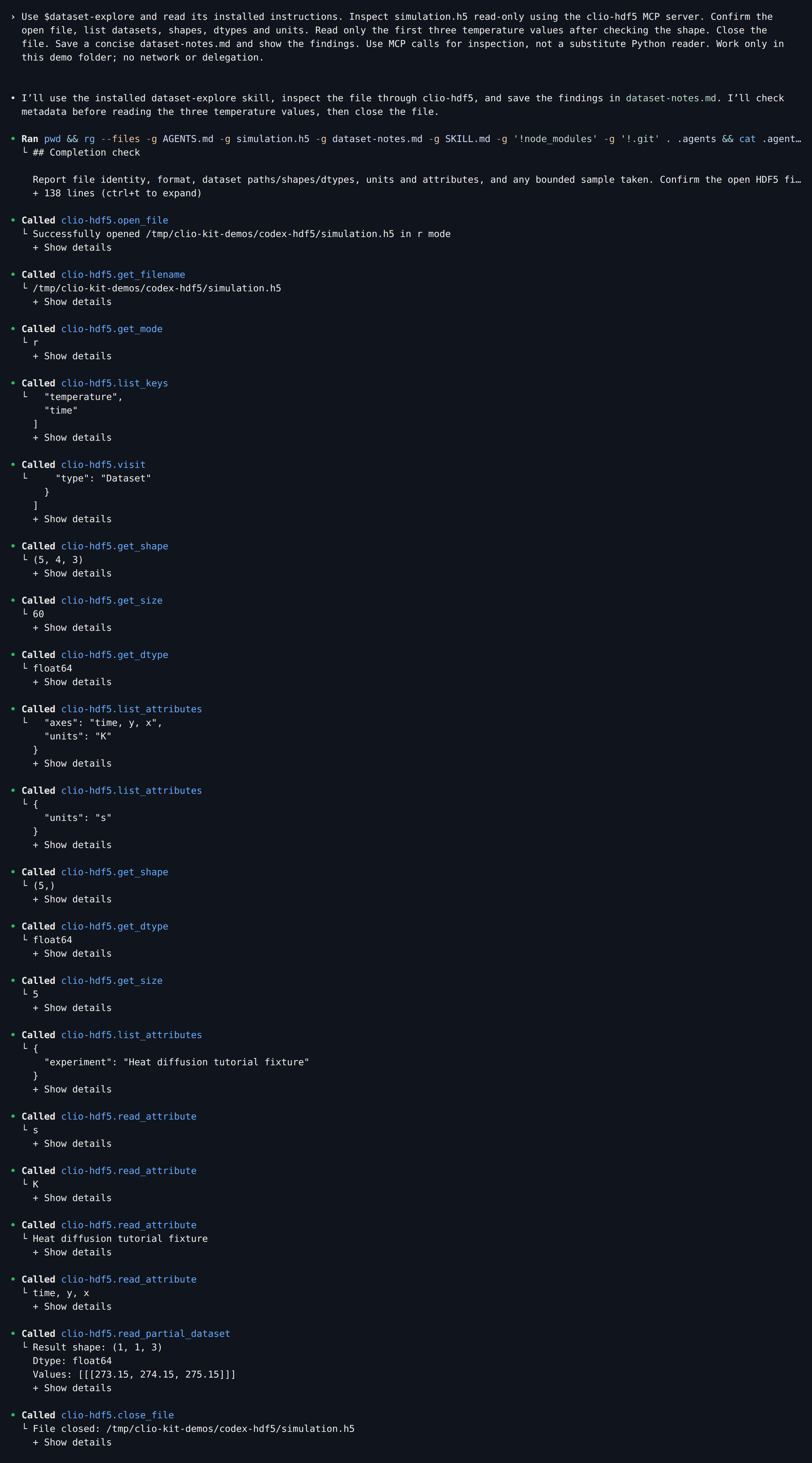Codex reads the skill, then calls clio-hdf5 open_file, get_shape, get_dtype, list_attributes, read_attribute, read_partial_dataset and close_file