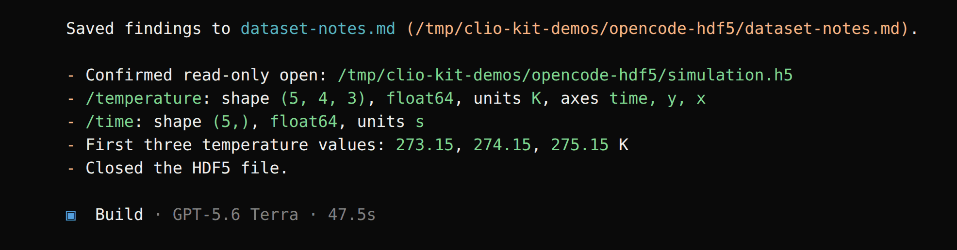 OpenCode reports the confirmed file, both datasets and the three temperatures
