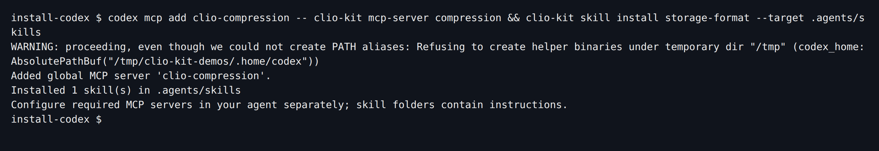 Actual Codex registration of Compression and installation of the portable storage-format skill