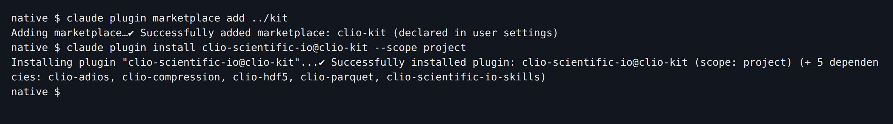 Claude Code installs clio-scientific-io and its five dependency packages