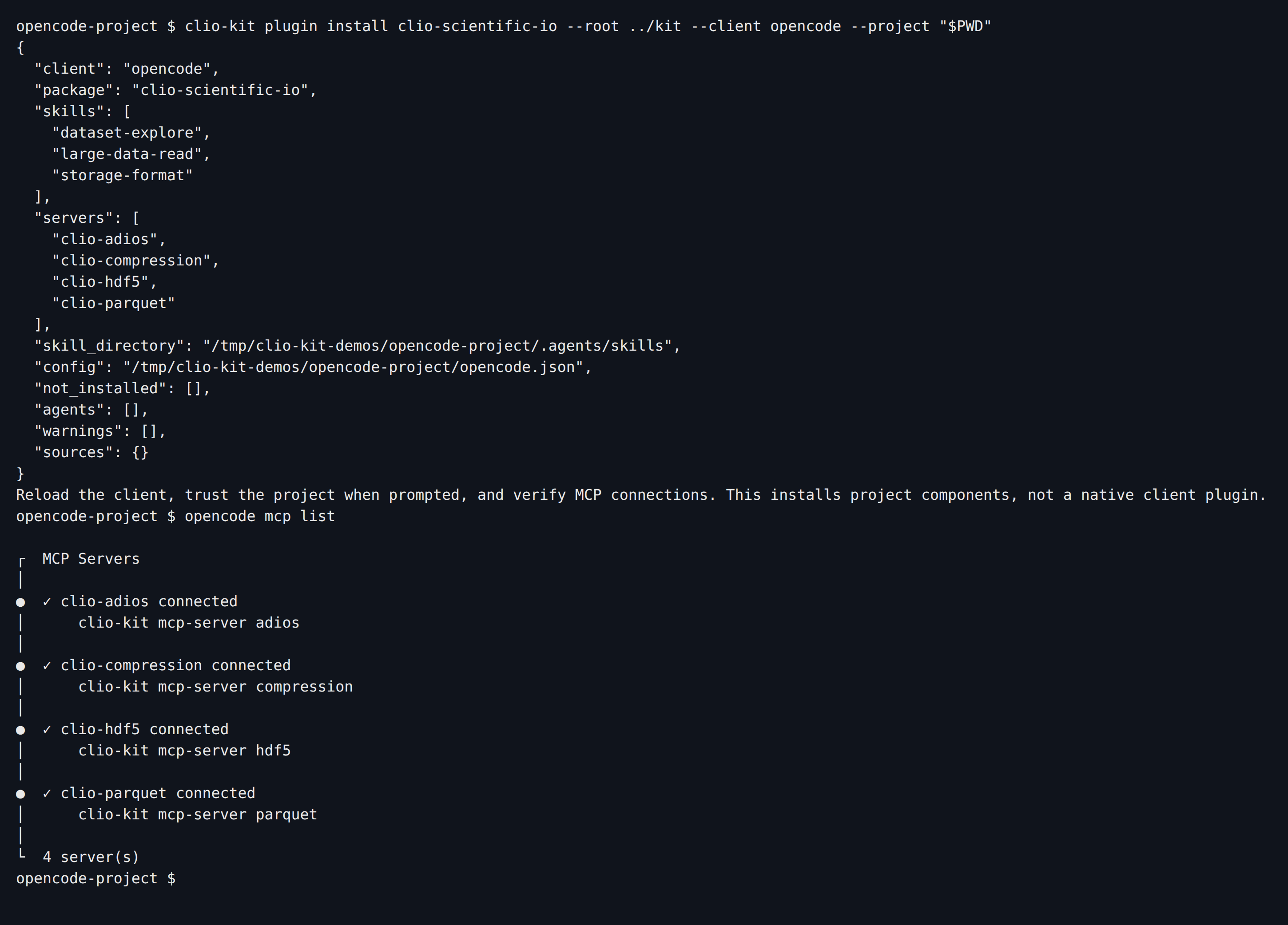 Actual OpenCode component installation followed by opencode mcp list showing four connected clio servers