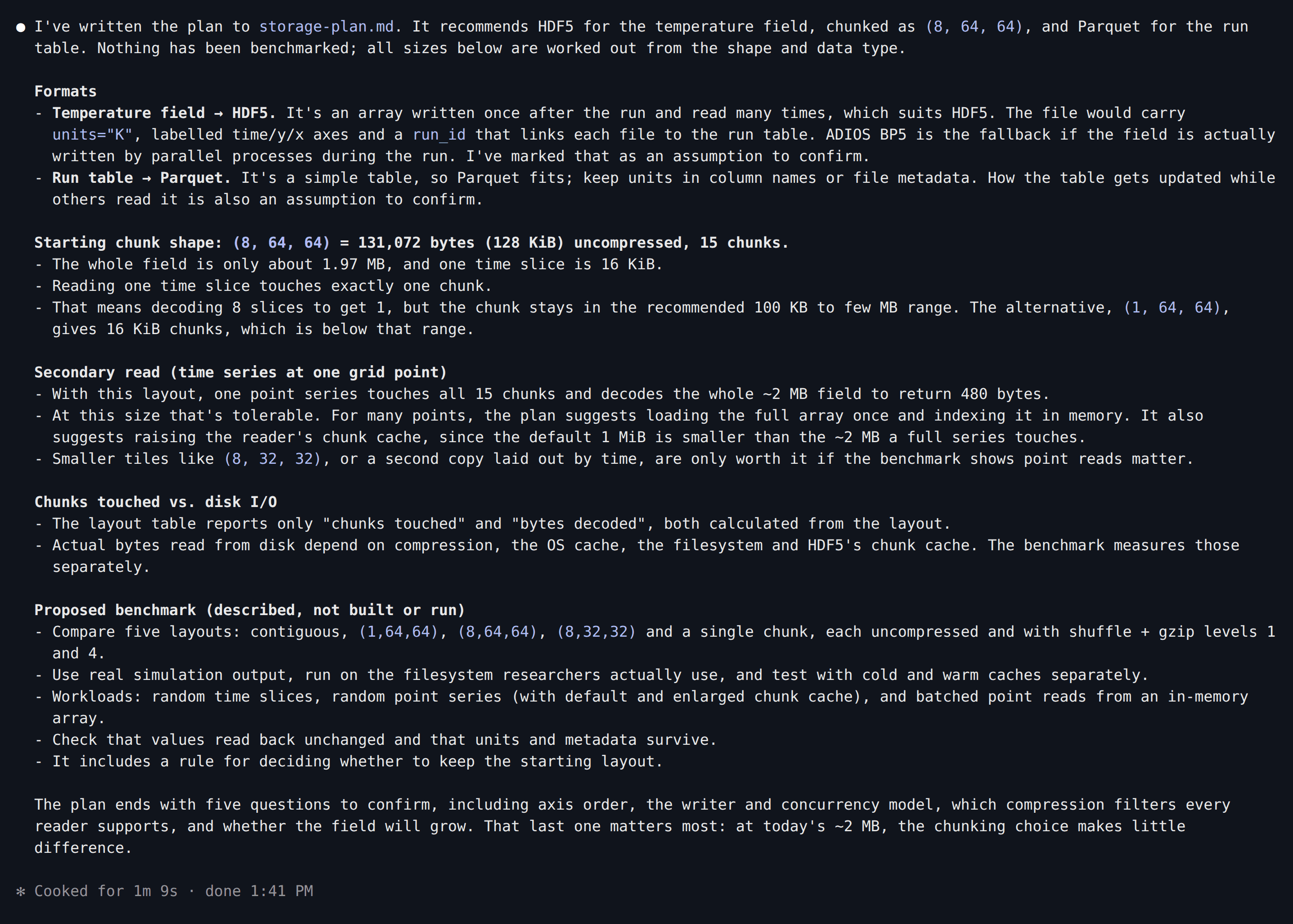 Claude Code summarizes the plan: HDF5 for the field with (8, 64, 64) chunks of 128 KiB, Parquet for the run table, labeled assumptions and an unrun benchmark