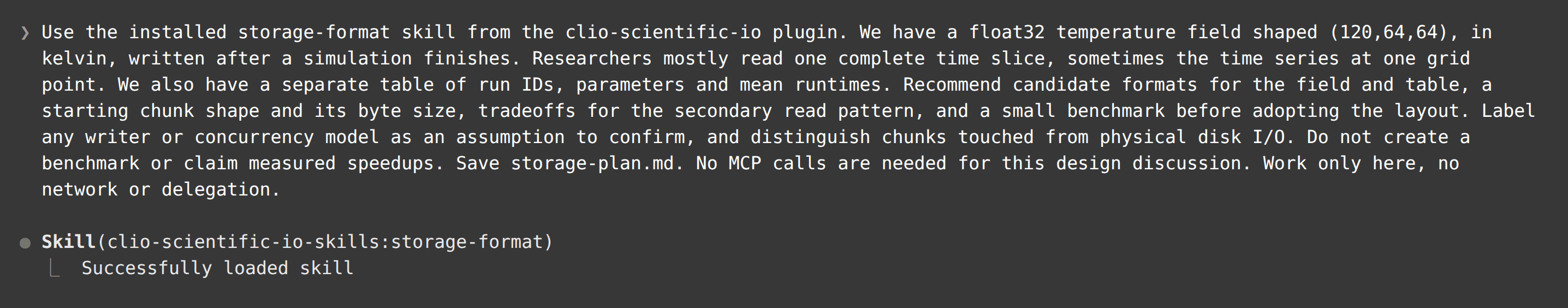 Claude Code loads the native storage-format skill from the plugin