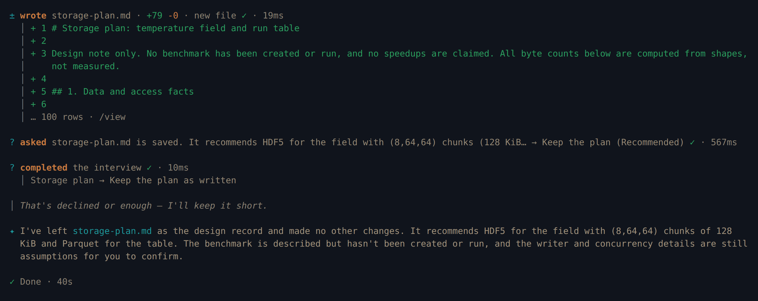 Clio Coder writes storage-plan.md, asks whether to keep it, and summarizes HDF5 with (8, 64, 64) chunks of 128 KiB and Parquet for the table