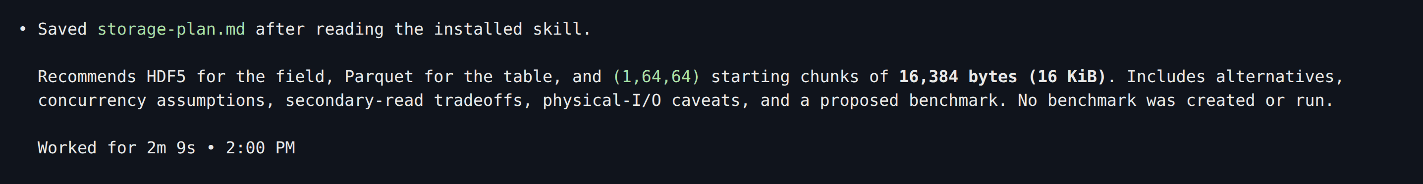 Codex recommends HDF5 with (1, 64, 64) chunks of 16 KiB for the field and Parquet for the table