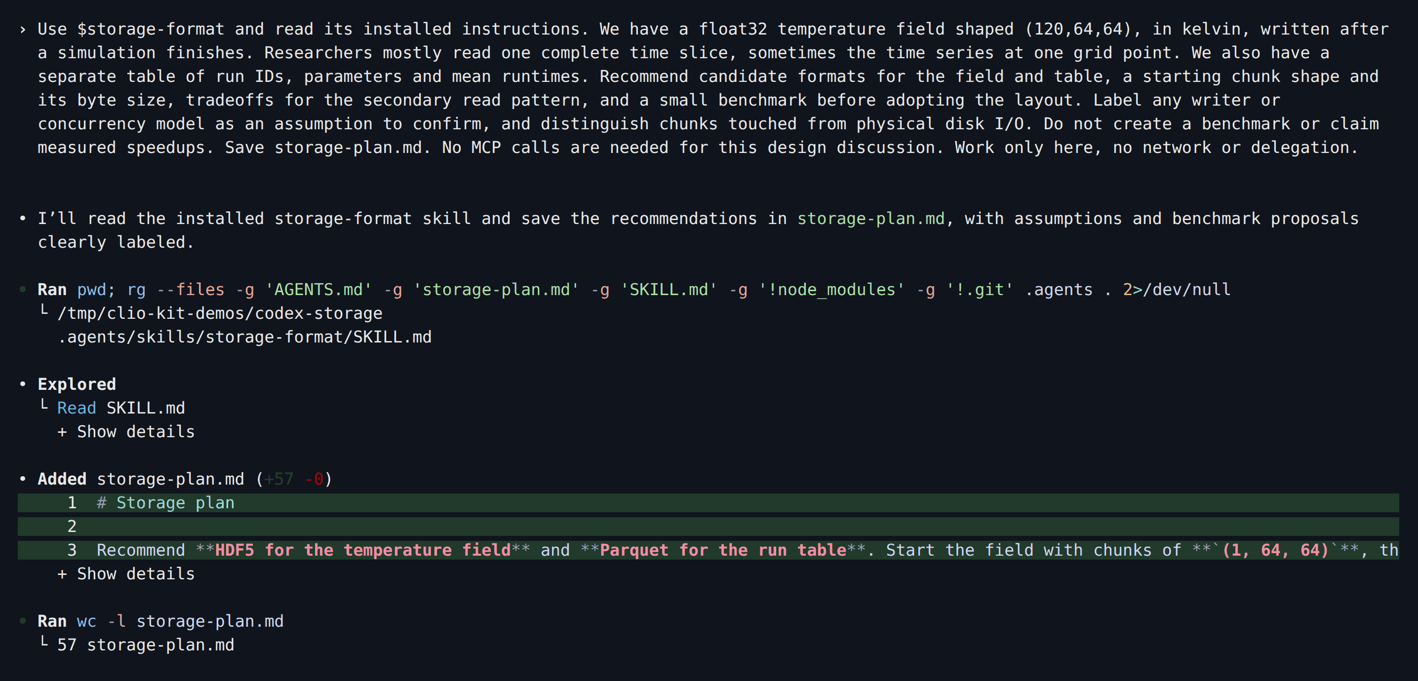 Codex reads the storage-format skill and writes storage-plan.md