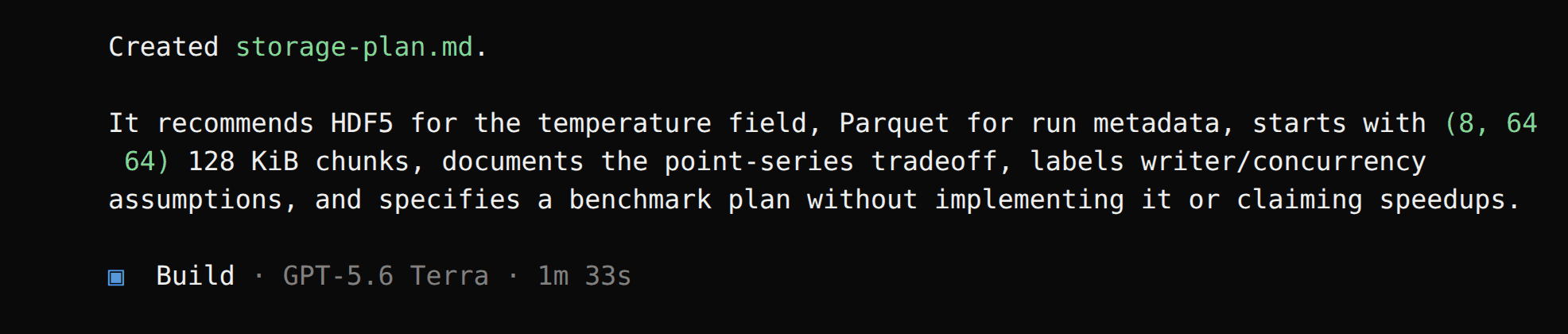 OpenCode recommends HDF5 with (8, 64, 64) chunks of 128 KiB and Parquet for run metadata