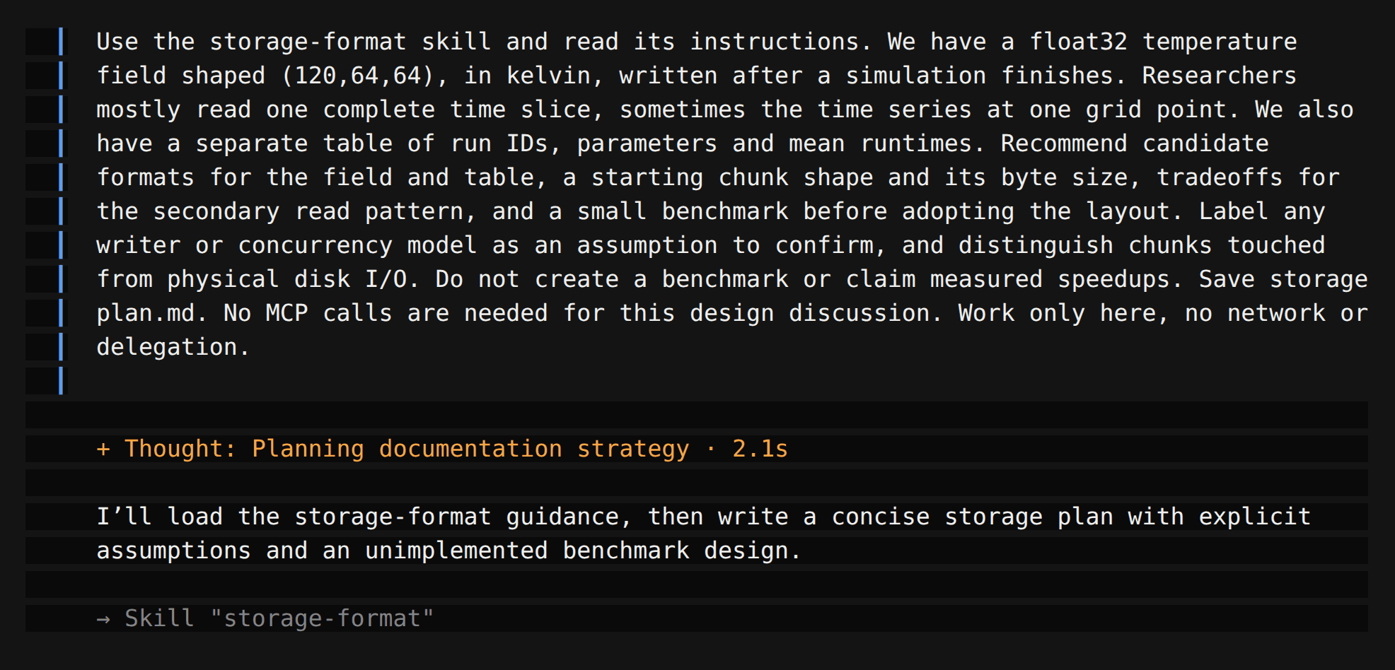 OpenCode loads the storage-format skill and plans the answer