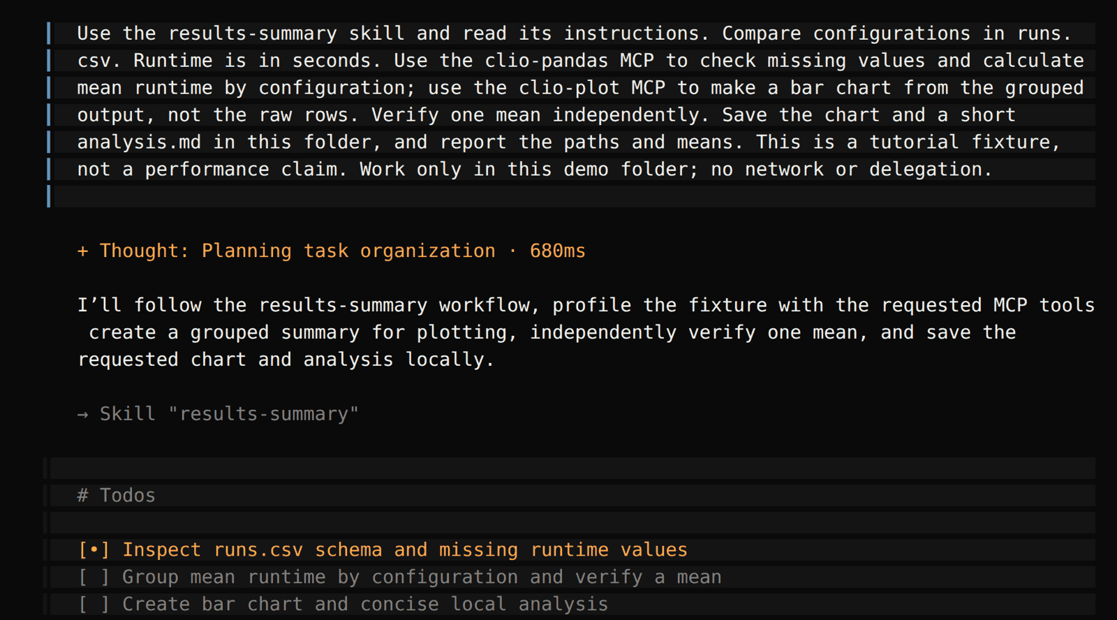 OpenCode profiles and groups runs.csv with the Pandas MCP.